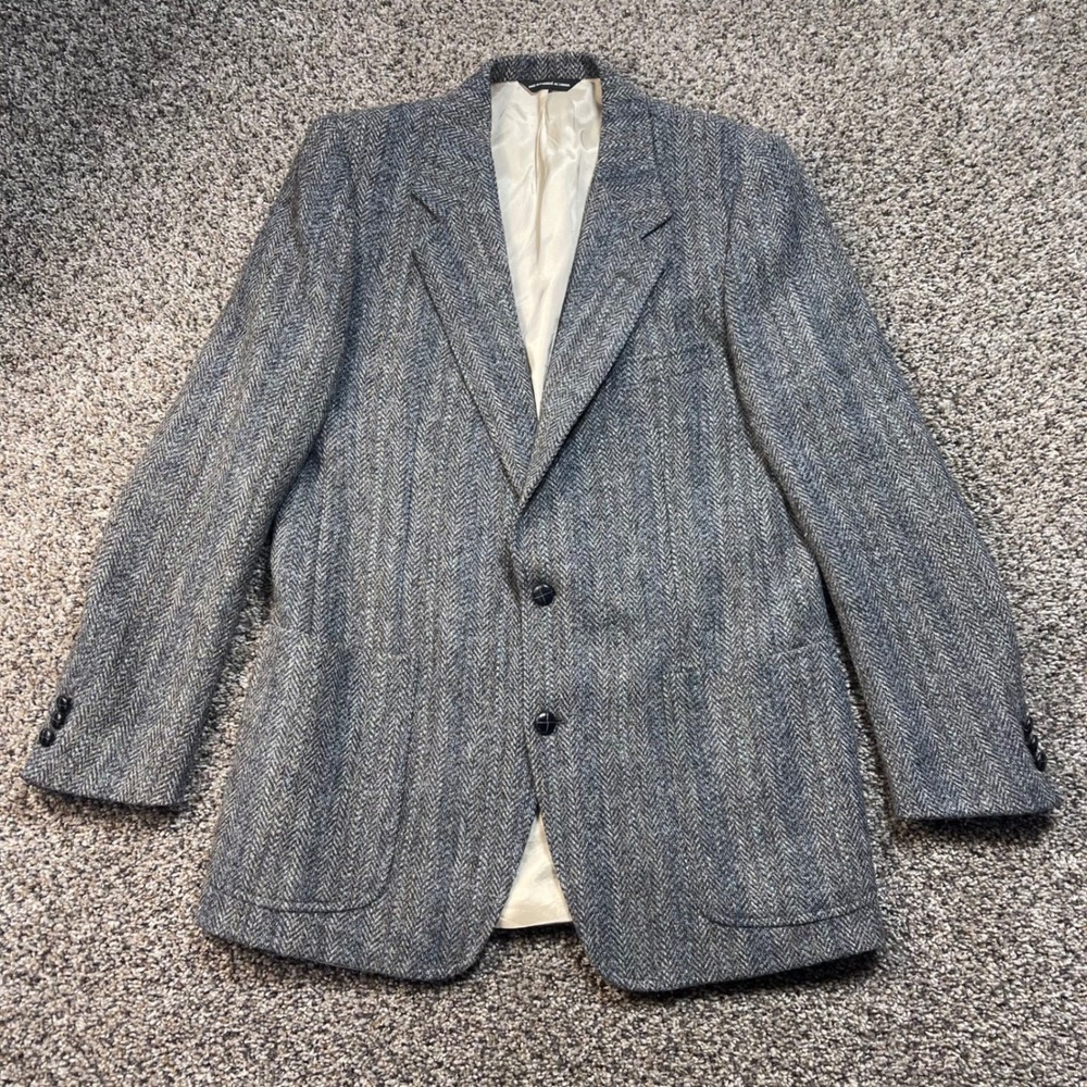 Moores Harris Tweed Blazer Men's 42 Long Blue Herringbone Wool Sport Coat Jacket